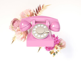 Pink vintage telephone and flower isolated on white background. 3D rendering