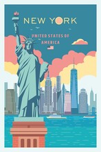 New York City Skyline And Liberty Statue Vector Poster Design. 