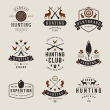 Minimalist Brutal Hobby Leisure Activity Society Vintage Logo Set Vector Illustration. Collection Hunting Fishing Camping Hiking Expedition Shooting Weapon Target Retro Emblem Branding Identification