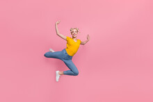 Full Size Photo Of Adorable Cute Girl Fooling Around Spend Free Time On Summer Holidays Isolated On Pink Color Background