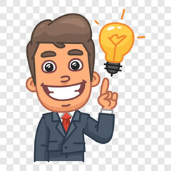 Businessman pointing his finger at light bulb. Funny character. Vector character