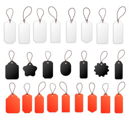 Poster - Set of sale tags. red black and white ribbon price and discount labels. red black and white starburst stickers. Vector illustration