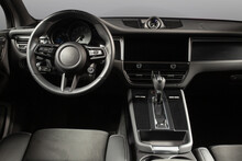 Modern Car Interior. White Leather Seats And Dashboard Inside Modern Suv