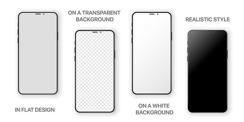 Canvas Print - Realistic smartphone mockup set. Mobile phone blank, white, transparent screen design mock up. Isolated vector illustration