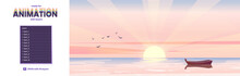 Sea Landscape With Wooden Boat And Rising Sun On Horizon At Morning. Vector Parallax Background Ready For 2d Animation With Cartoon Illustration Of Sunrise Seascape Or Ocean
