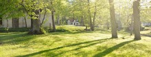 Traditional Country House, Green Lawn, Trees, Flower Decoration. Idyllic Rural Scene. Spring, Early Summer. Vacations, Eco Tourism, Seasons, Nature, Architecture