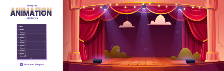 Poster - theater stage cartoon background for game animation with 2d separated layers. red curtains, decorati