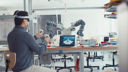 Poster - Student Male Engineer Wearing AR Headset Designs and Manipulate Robot Hand while Using Controllers. Futuristic Virtual Design of Mixed Technology Application Concept