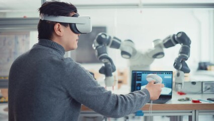 Poster - Computer Science Specialist in Virtual Reality Headset Holding Controllers and Moving Bionic Claw Under his Control. Man Developing Program for Motion of Robotic Arm. Innovative Technologies Concept