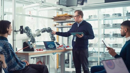 Poster - Advanced Robotics Technology Start-up Chief Engineer Presents Innovative Robot Arm at Closed Conference. Futuristic Autonomous Design of AI Robot Hand, Helping to Automate Factory Working