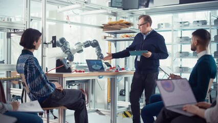 Poster - University Robotics Class: Teacher Explaining Engineering to Students Using Robot Arm. Diverse Group of Young Engineers Programming Robotic Hand. Computer Science Education Build, Design, Learn