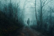 A Horror Concept Of Cute Floating Ghost Monsters On A Forest Road. On A Spooky Foggy Winters Evening. With A Grunge, Texture Edit.