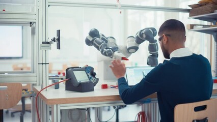 Poster - Male Industrial Robotics Engineer Uses Laptop Computer to Program and Manipulate Robot Arm for Lifting, Moving Objects. Black Man Touching Controller and Writing Code. Machine Learning Concept