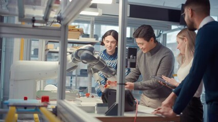 Poster - Young Specialists Touch Details of Robotic Hand and Smile During Discuss. Engineers Try to Make Jobs Safer, Easier and More Efficient. Professionals Work on Autonomous Facility Optimisation. Slow Mo