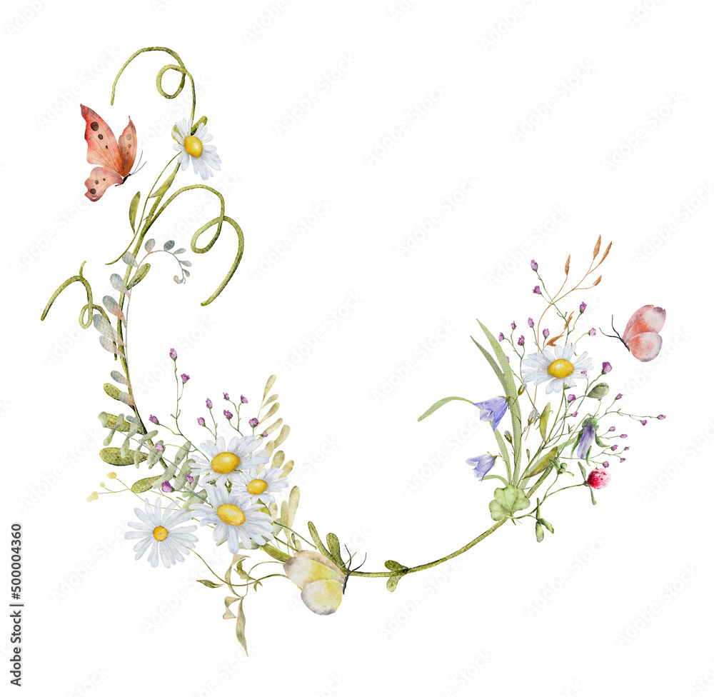Wild flowers watercolor wreath botanical hand drawn illustration Stock ...