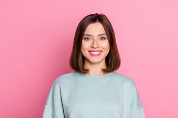 Canvas Print - Photo of young cheerful girl toothy smile visit clinic whitening oral care isolated over pink color background