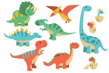 Cartoon dinosaurs. Baby dino prehistoric animals. Cute dinosaur, jurassic period animal stegosaurus brachiosaurus, trex and pterosaurs. EPS