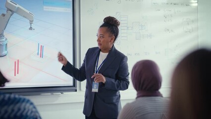 Poster - Teacher Holding Lesson to Diverse Students while Showing at Robotic Hand and Fluctuations in Data on Charts at projection screen  in University. Robotic Engineering Concept. Close up view