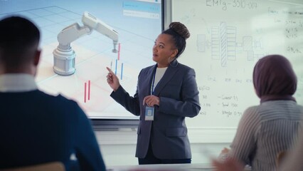 Poster - Black Lecturer Point at 3D of Robotic Arm Moves Objects and Discuss it with Students at Contemporary Auditorium. Formation of Modern Highly Intellectual Educational Environment Concept
