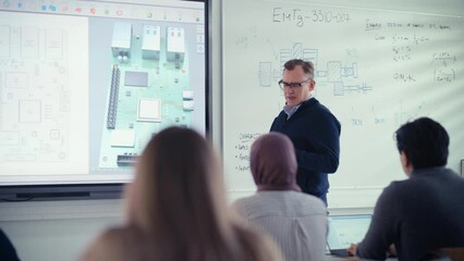 Poster - Male Educator Use projection screen  and Explain to Diverse Students About Computer Motherboard Components while Point at it. Education, Computer Science and High Tech Concept. Slow Motion