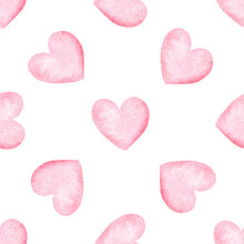 Watercolor Pink Hearts Seamless Pattern On White Background