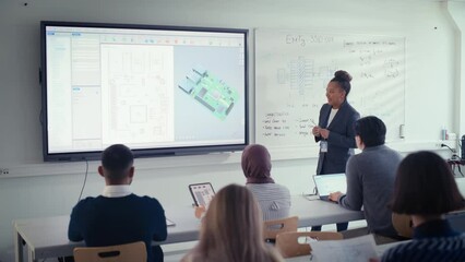 Poster - Competent Female Educator Use projection screen  and Explain to Diverse Students About Computer Motherboard Components while Point at it. Education, Computer Science and High Tech Concept