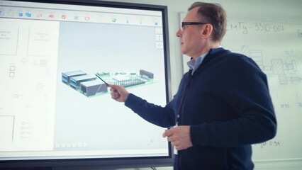 Poster - Male Teacher Use Digital Screen, Talk to People and Show 3D Computer Motherboard Components at College. Innovative Techniques in Instruction Technology Concept. Close Up