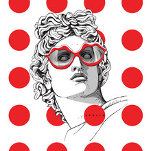 Minimalistic Red Collage. Apollo Plaster Head Statue In A Fun Lips Glasses On A Polka Dots Background. Hymor Poster, T-shirt Composition, Hand Drawn Style Print. Vector Illustration.