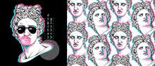 Set Of Print And Seamless Wallpaper Pattern. Apollo Plaster Head Statue With A Geometry Form. Cyberpunk Glitch Art. Textile Composition, T-shirt Design, Hand Drawn Style Print. Vector Illustration.