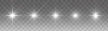 Set Of Glowing Light Stars With Sparkles. Transparent Shining Sun, Star Explodes And Bright Flash. White Bright Illustration Starburst.