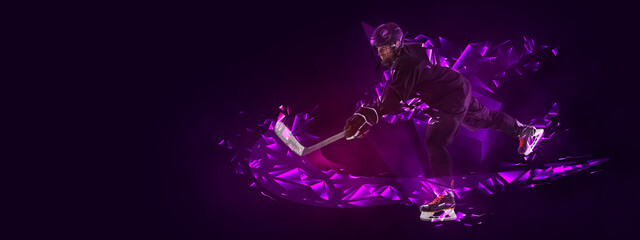 Young man, professional hockey player in protective uniform training isolated on dark background polygonal, fluid neon elements. Concept of sport