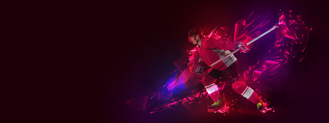 Young man, professional hockey player in protective uniform training isolated on dark background polygonal, fluid neon elements. Concept of sport