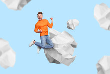 Surreal Composition Of Clever Man Fist Up Great Conclusion Crumple Paper Around Isolated Blue Pastel Color Background
