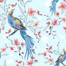 Seamless Watercolor Background With Sakura Flowers And A Blue Bird. Ideal For Wallpapers, Web Page Backgrounds, Surface Textures, Textiles.