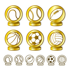 Sticker - Set of golden trophy and awards cartoon sports ball icons