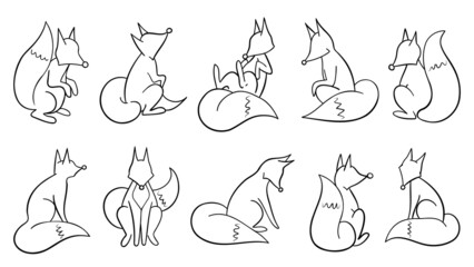 Wall Mural - fox outline set, foxes in different position collection, monochrome, black and white, line art, outline, isolated on white background	