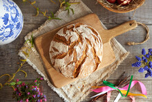 Sourdough Bread With Spring Flowers And Czech Easter Whip Called Pomlazka