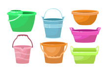 Different Plastic Basins For Water Flat Vector Illustrations Set. Buckets, Bowls, Tubs And Washbowls For Washing Dishes Or Doing Laundry Isolated On White Background. Housekeeping Or Housework Concept