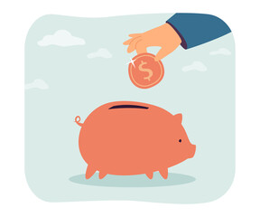 Poster - Hand putting gold coin into piggy bank flat vector illustration. Person saving or investing money. Business, bank, finance, economy, wealth concept for banner, website design or landing web page