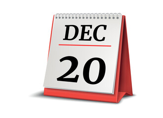 Calendar on white background. 20 December. 3D illustration.