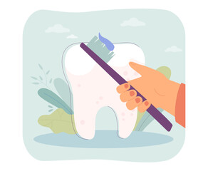 Sticker - Hand holding brush with toothpaste flat vector illustration. Person taking care of dental health, brushing teeth. Hygiene, healthcare concept for banner, website design or landing web page