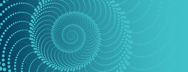 Wall Mural - Unfolding  spiral green blue background template with golden ratio elements, representing growth and transformation. Swirling teal web design header or banner with nautilus pattern 