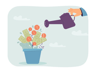 Poster - Person watering money tree flat vector illustration. Man making money, investing, increasing income. Growth, finance, investment, success concept for banner, website design or landing web page