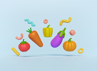 Poster - 3d render vegetables icons. tomato, pumpkin, eggplant, bell pepper and carrot. collection of food items and 3d shapes. abstract background.