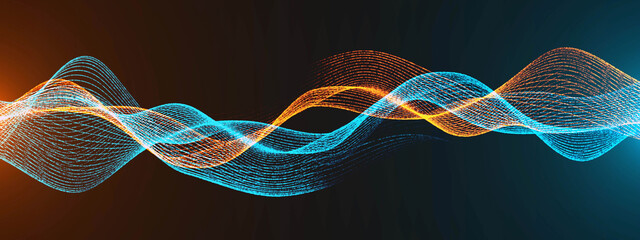 Poster - Neon background. Double wave design, spiral. Texture lines, strings. Pattern energy cosmos. Plexus glow threads is fire and ice. LED strip. Banner  technology, presentations, business.