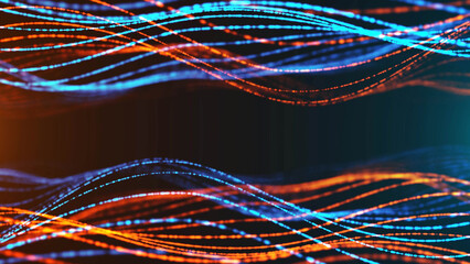 Poster - Neon background frame. Double wave design, spiral. Texture lines, strings. Pattern energy cosmos. Plexus glow threads is fire and ice. LED strip. Banner  technology, presentations, business.