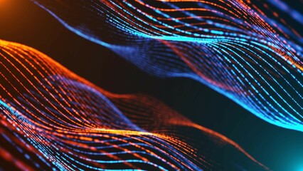 Poster - Neon background frame. Double wave design, spiral. Texture lines, strings. Pattern energy cosmos. Plexus glow threads is fire and ice. LED strip. Banner  technology, presentations, business.