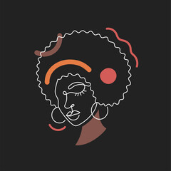 Wall Mural - Face of an Afro American woman in a modern abstract minimalist one line style with minimal shapes. Continuous white line of an African girl simple drawing. Isolated on black. Vector illustration.