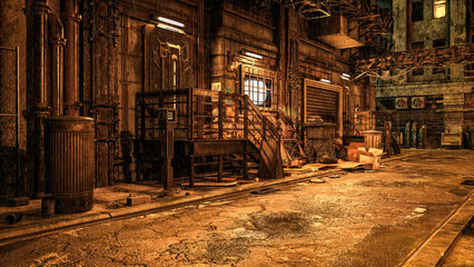 Poster - Seedy grungy back alley in a cyberpunk dystopian future city at night in the rain. 3D rendering.
