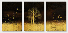 3d Wall Minimal Decor Canvas Art. Golden Grass, Trees Birds In Dark Background.
Modern Wall Frame Decor